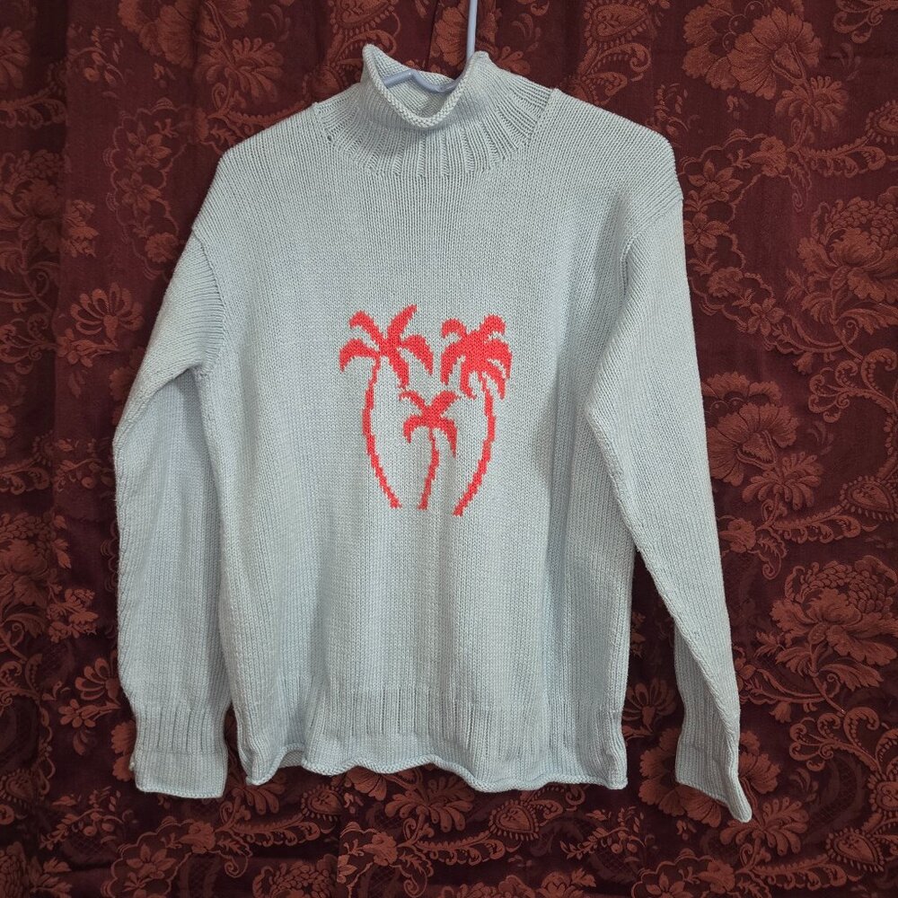 Rey Wear Cotton Blue Mock Neck Palm Tree Sweater Women's Size XL